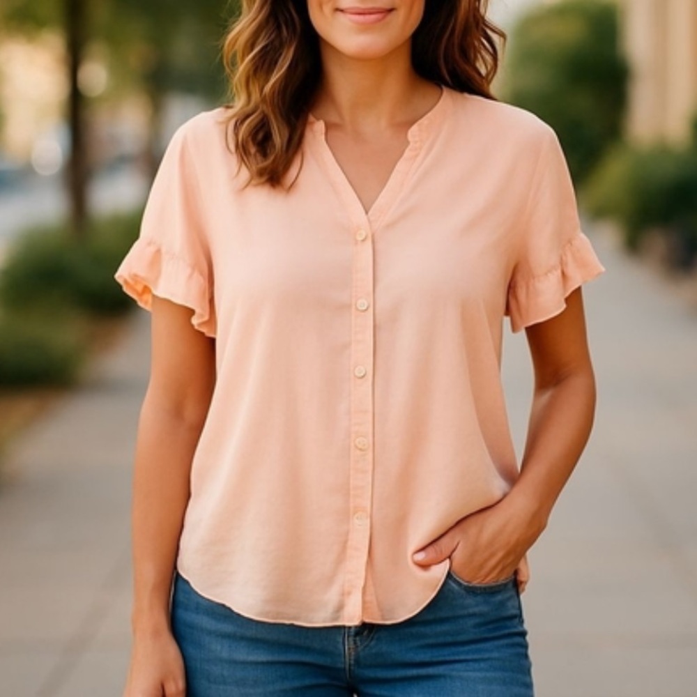 Anthropologie Cloth & Stone Peach Flutter Sleeve Blouse top button down S